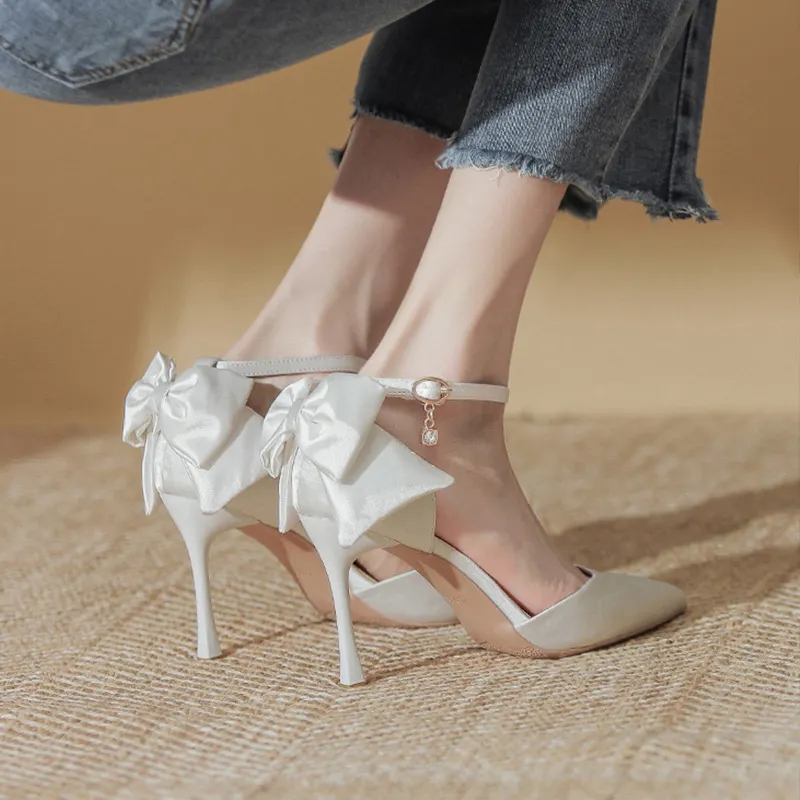 Breakj Breakj Head Button Single Shoes Wedding Shoes Female White Silk And Satin Bridal Shoes With Wedding Tips And Bridesmaid High Heels