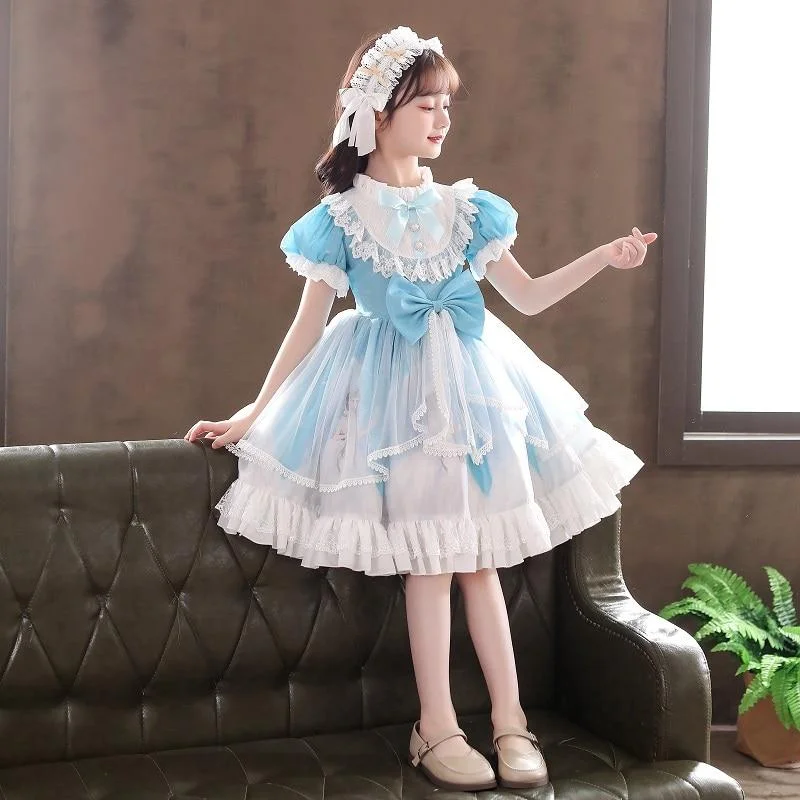 Girls Lolita Dress College Sailo Style Bow Causal Wedding Party Birthday Costume Princess Flower Girls Dress Kids Tutu Dress