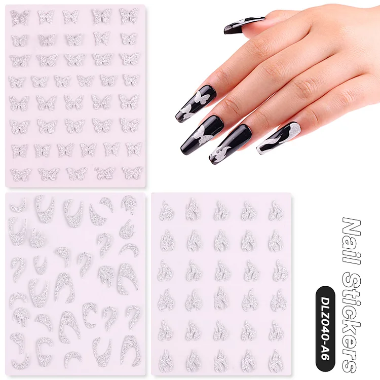 3 Sheets Silver butterfly/ Silver pattern/ Silver fire Style Nail Art Stickers