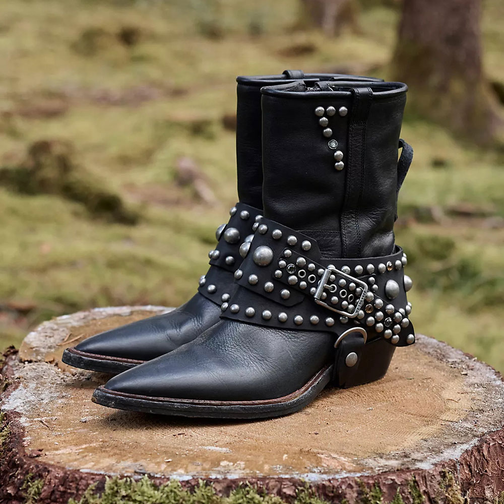 Studded Pointed Toe Block Low Heel Black Western Boots for Women Nicepairs