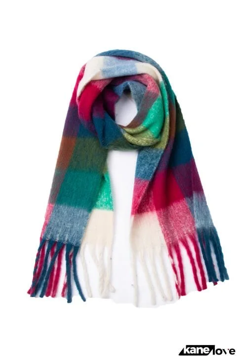 Plaid Fringe Detail Polyester Scarf