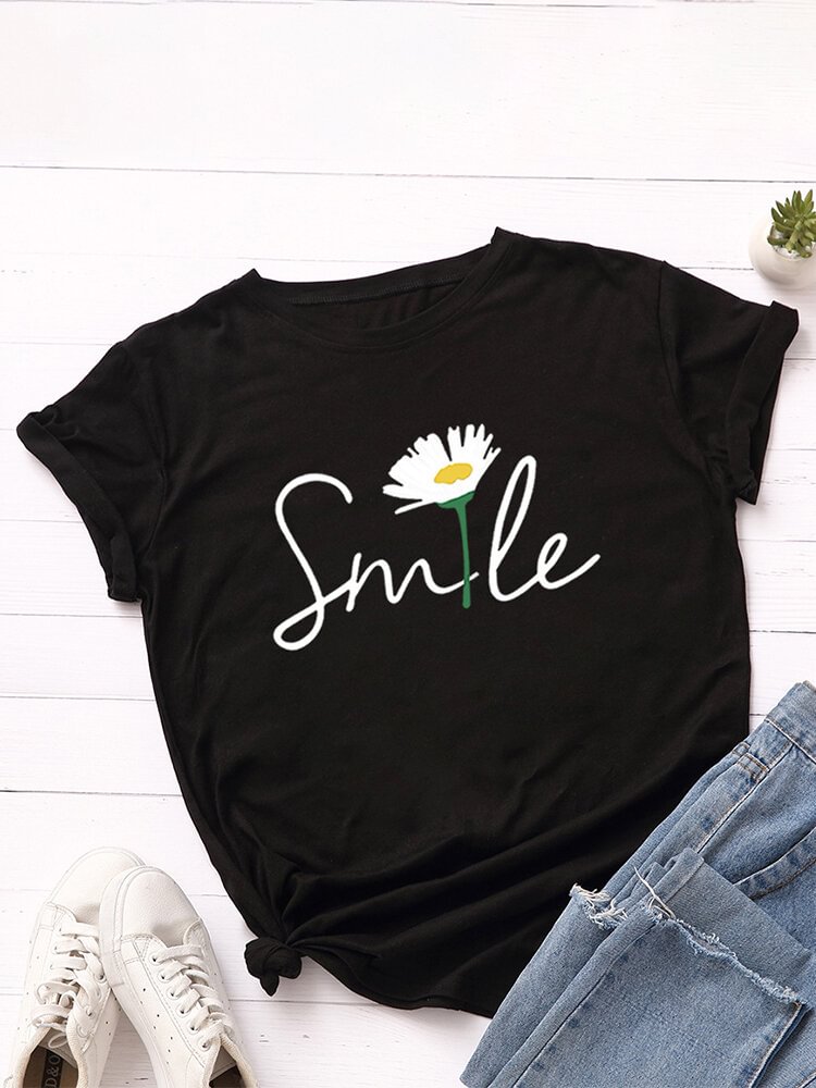 Cartoon Daisy Floral Letter Print O neck Short Sleeve T shirt For Women P1799620