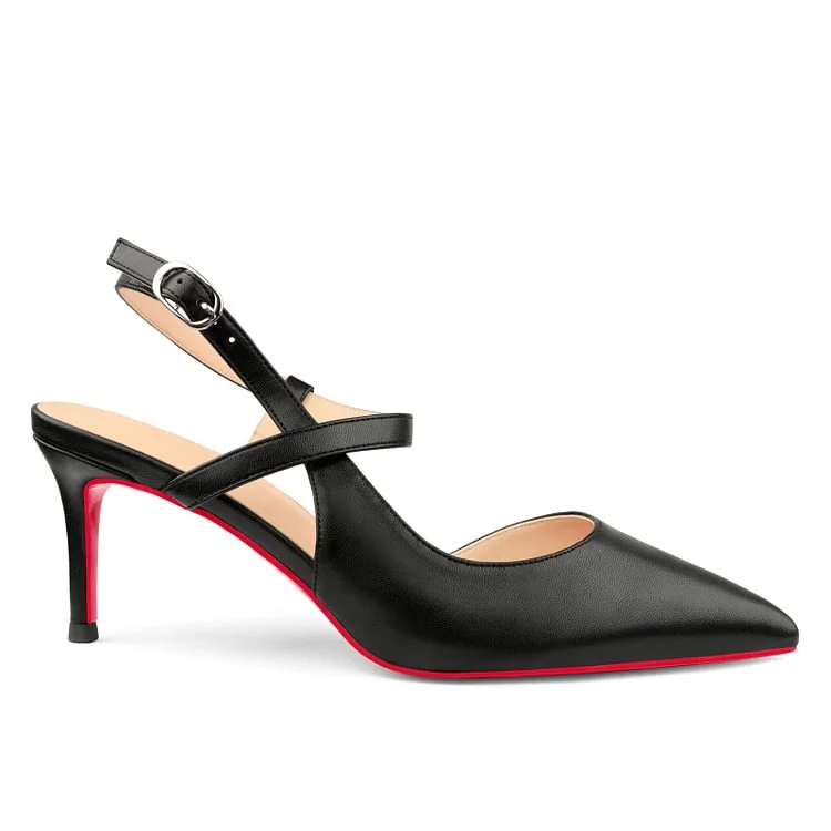 65mm Slingback Pumps Ankle Strap Pointed Toe Red Bottoms Matte Heels Shoes