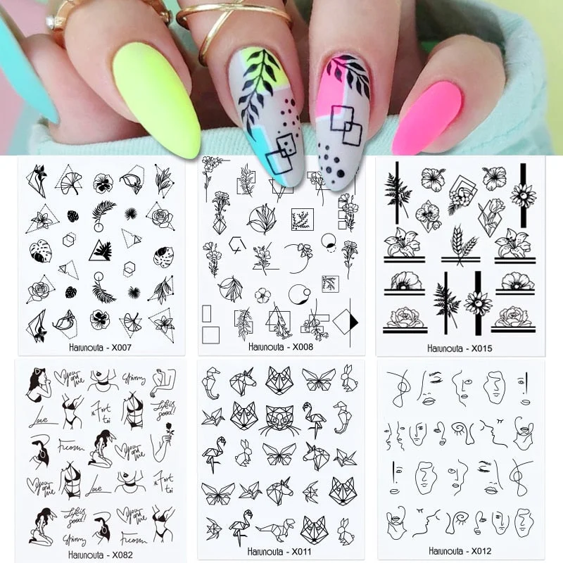 Harunouta 6Pcs Black Leaves Flower Water Decals Dandelion Geometrics Pattern Stickers Sliders For Nails DIY Decoration-Nail Inspo