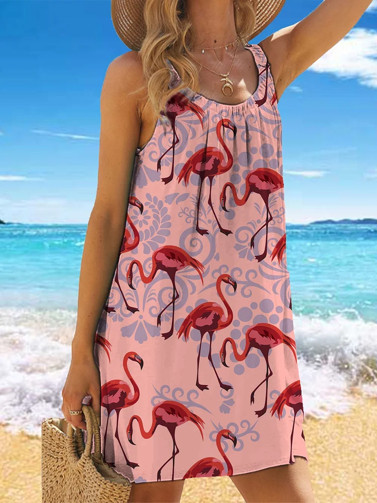Pink Flamingos Continuous Print Sleeveless Strap Mini Casual Loose Fit Dress