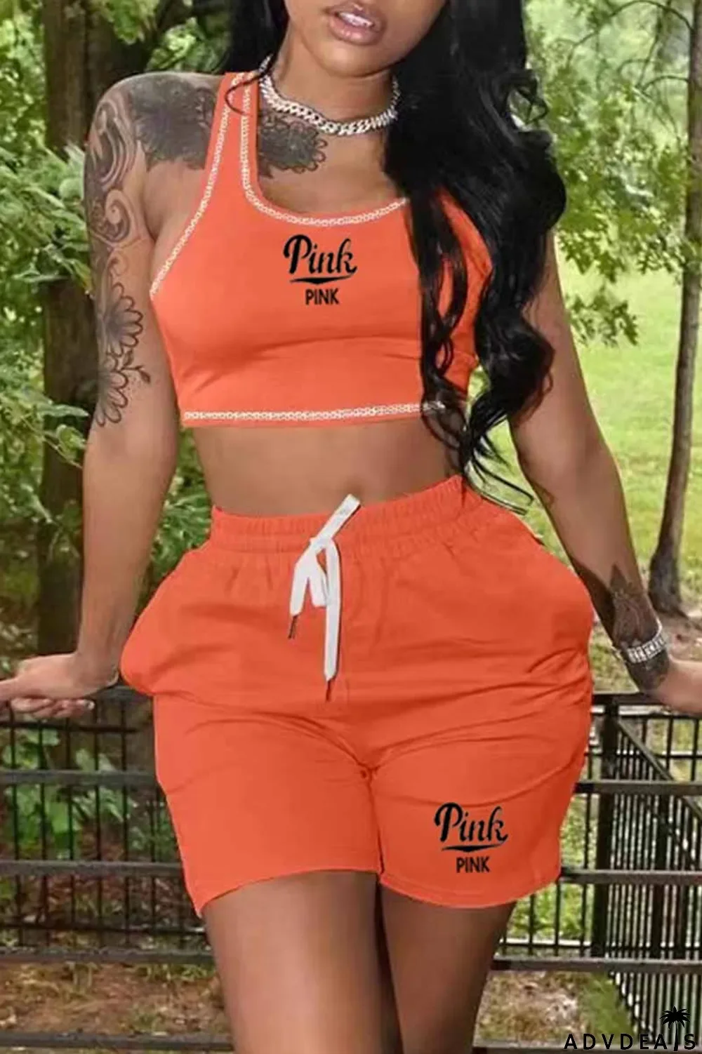 Blue Casual Print Letter U Neck Sleeveless Two Pieces