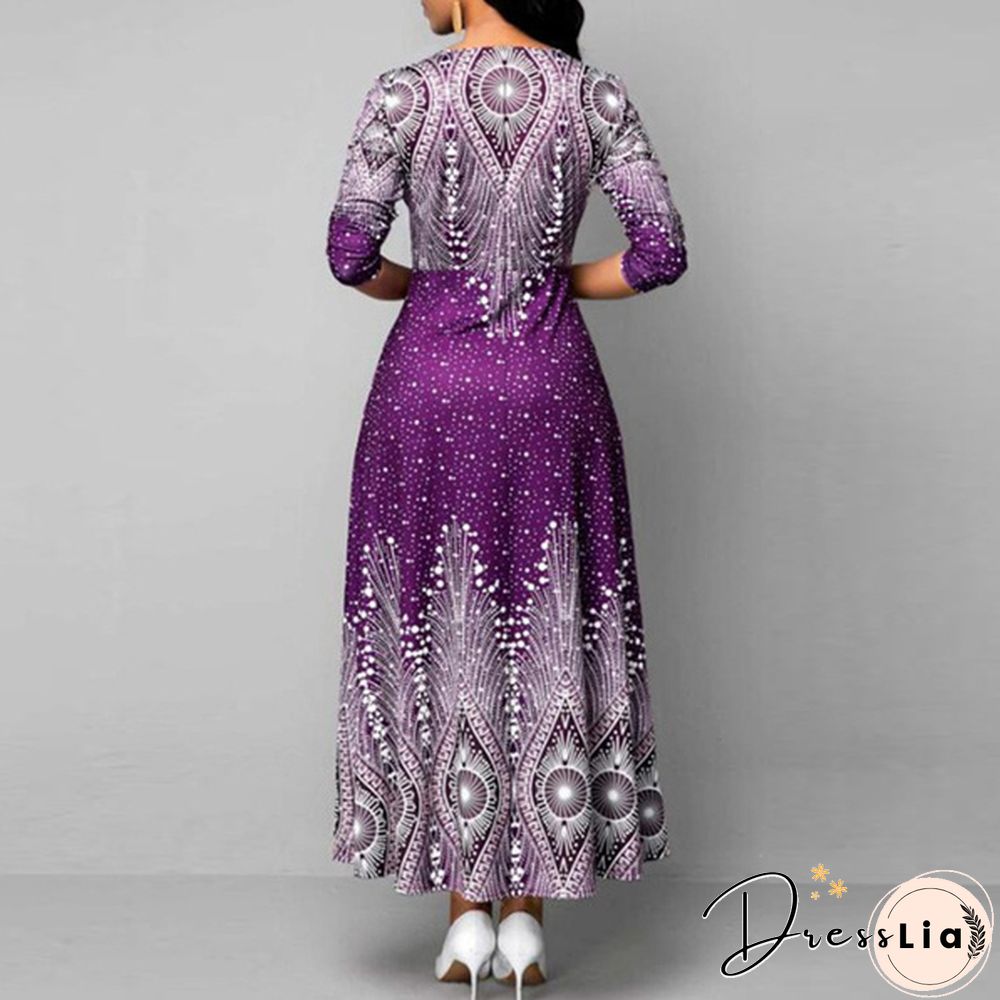 V-neck Retro Print Long-sleeved Dress Spring and Autumn Women's Clothing