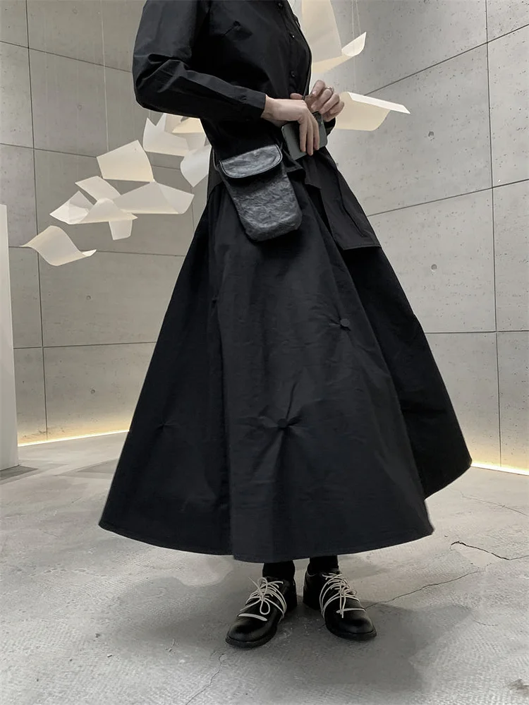 Dawfashion Techwear Streetwear-Dark Black Design Button Half length Dress Spring New Solid A-line Dress-Streetfashion-Darkwear-Techwear
