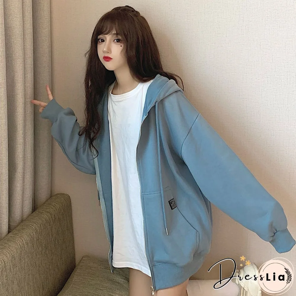 Plus Size Women Zip Up Hoodies Harajuku Couple Loose Sweatshirts Korean Streetwear Oversized Vintage Long Sleeve Cute Girls Tops