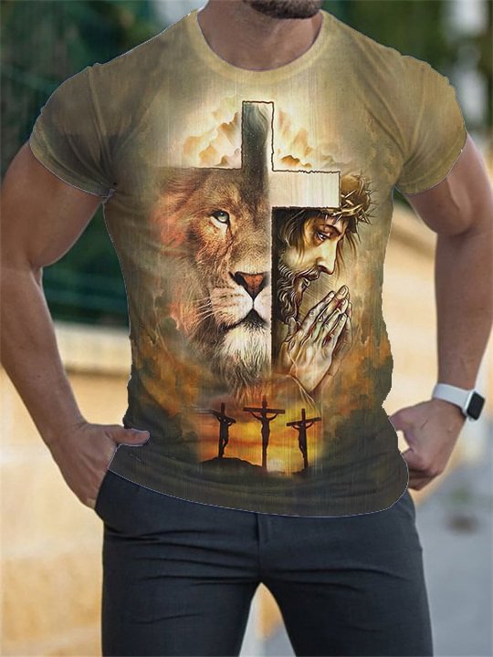 BrosWear Men's Faith Jesus And Lion Head Short Sleeve Casual T-Shirt