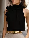 Women's Elegant Petal Collar Halter Neck Design Off-Shoulder Slim Silk Top Shirt