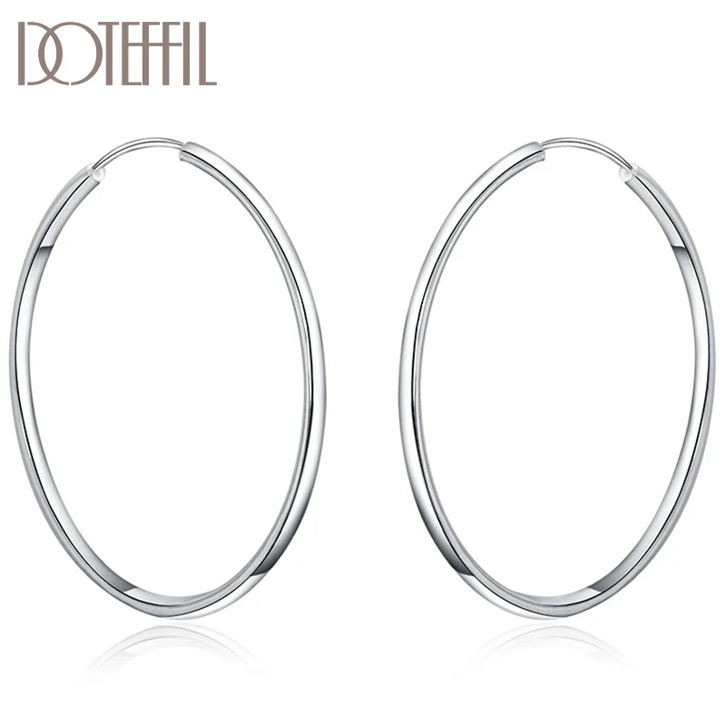 DOTEFFIL 925 Sterling Silver 50mm / 60mm Round Smooth Big Circle Earrings For Woman Jewelry