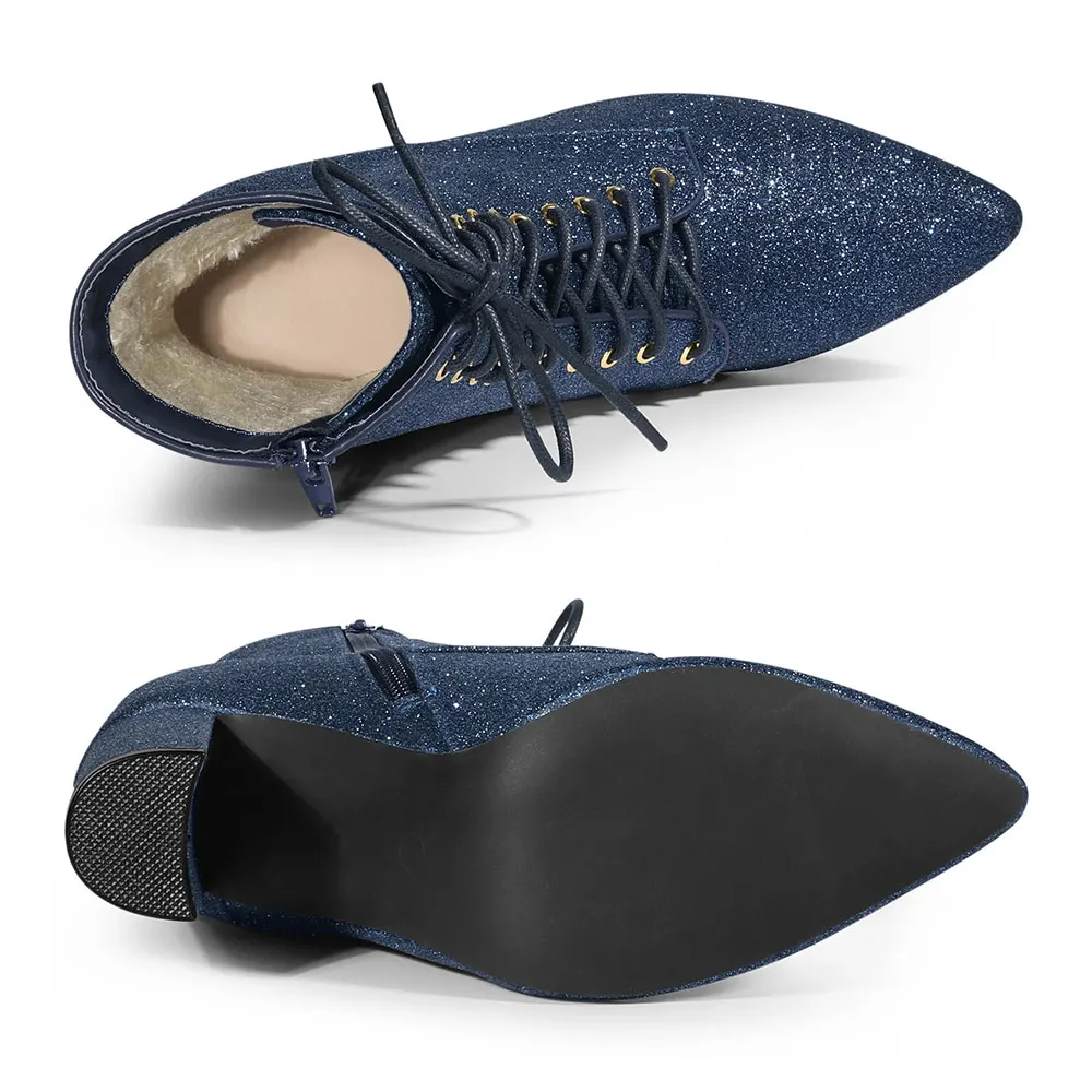 Women's Navy Chunky High Heel Side Zipper Glitter Lace Up Boots