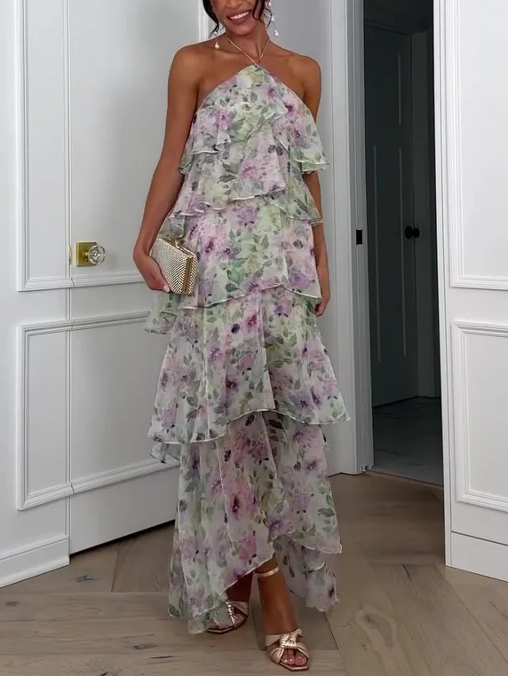 Floral Halterneck Sleeveless Ruffle Dress