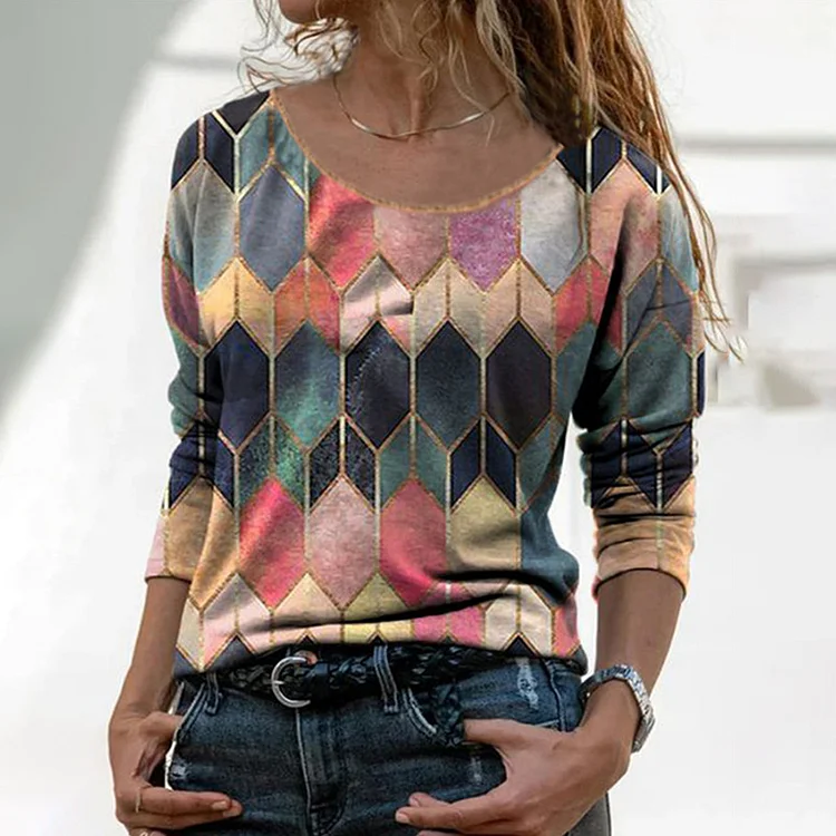 Women's Geometric Print Round Neck Long Sleeves T-Shirt