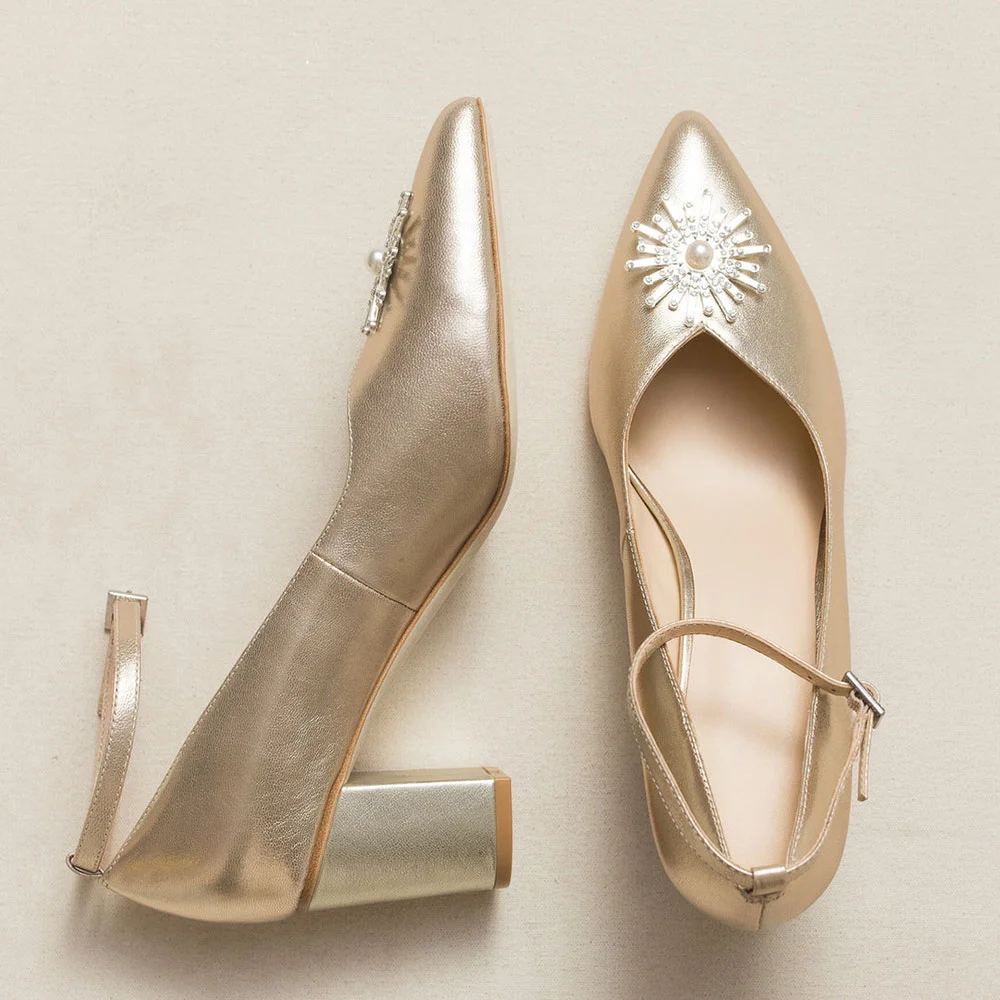Gold Metallic Finish Pointed Toe Rhinestone Ankle Strap Pumps Heels