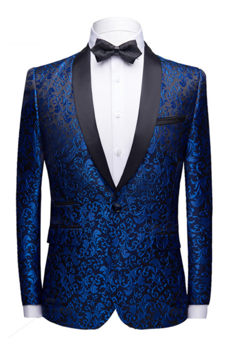 Royal Blue Jacquard Shawl Lapel Black Satin Wedding Tuxedo