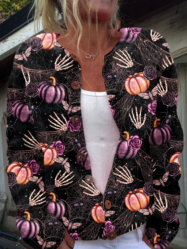 Halloween Rose Art Print Buttoned Cardigan Sweater