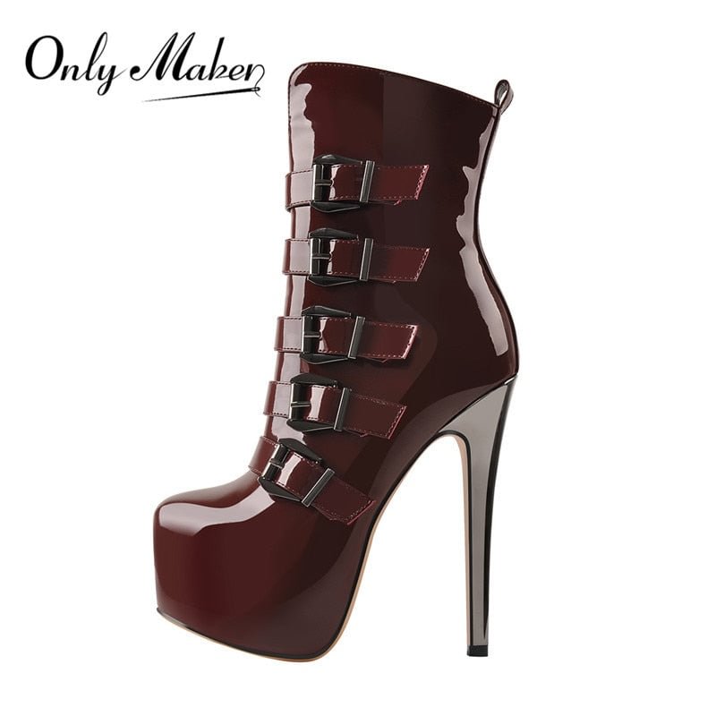 Onlymaker Women's Round Toe Wine Red  Platform Side Zipper Thin Heel Thick Heel Short Boots Fashion Lady Booties Big Size