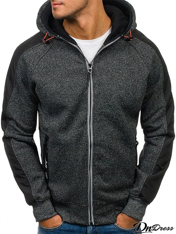 Men’s Warm Patchwork Zip Fastening Hooded Pocket Sweatshirt Coat