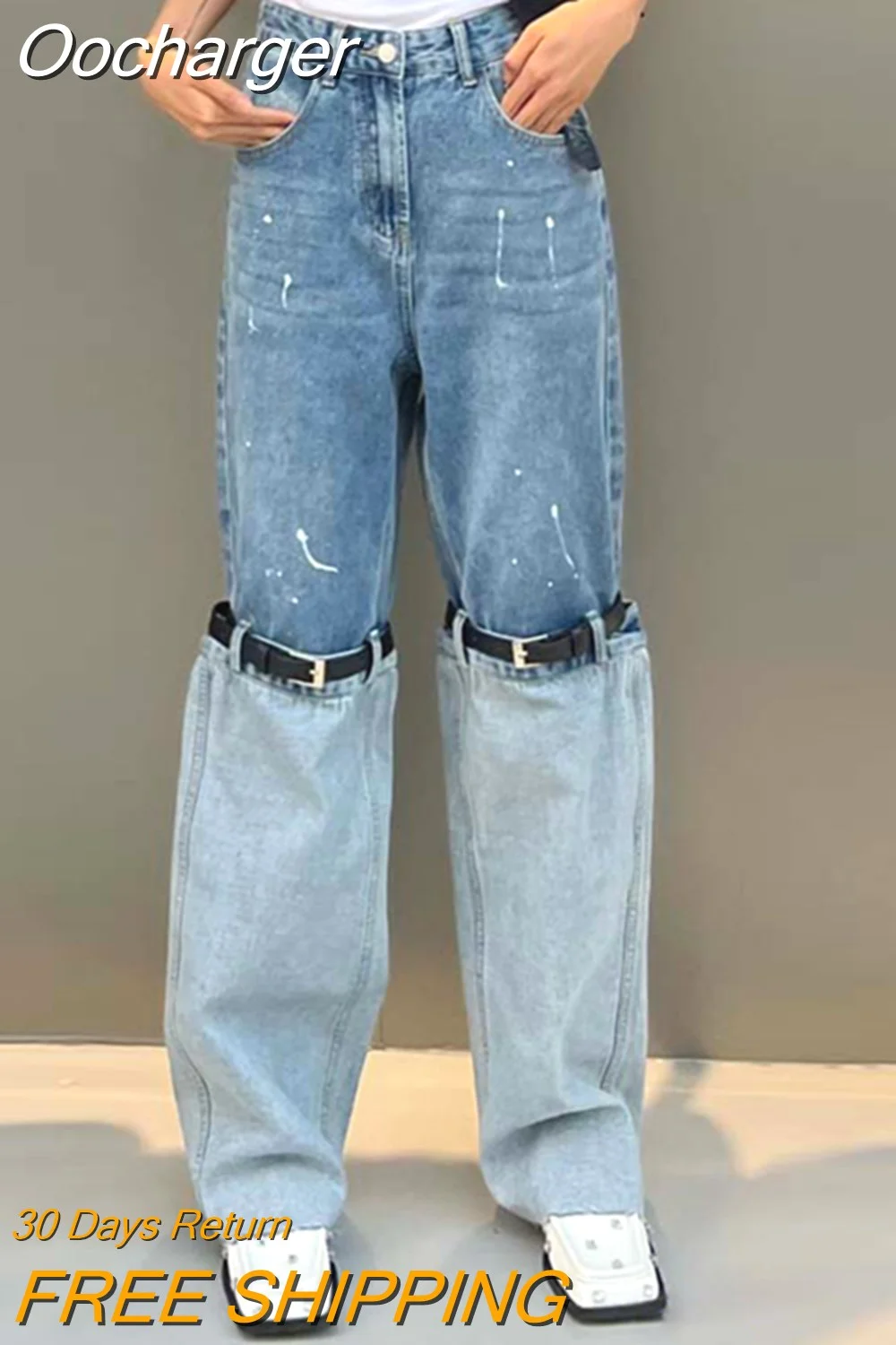 Oocharger Hit Color Patchwork Belt Jeans For Women High Waist Loose Spliced Pocket Autumn Wide Leg Pants Female Fashion New