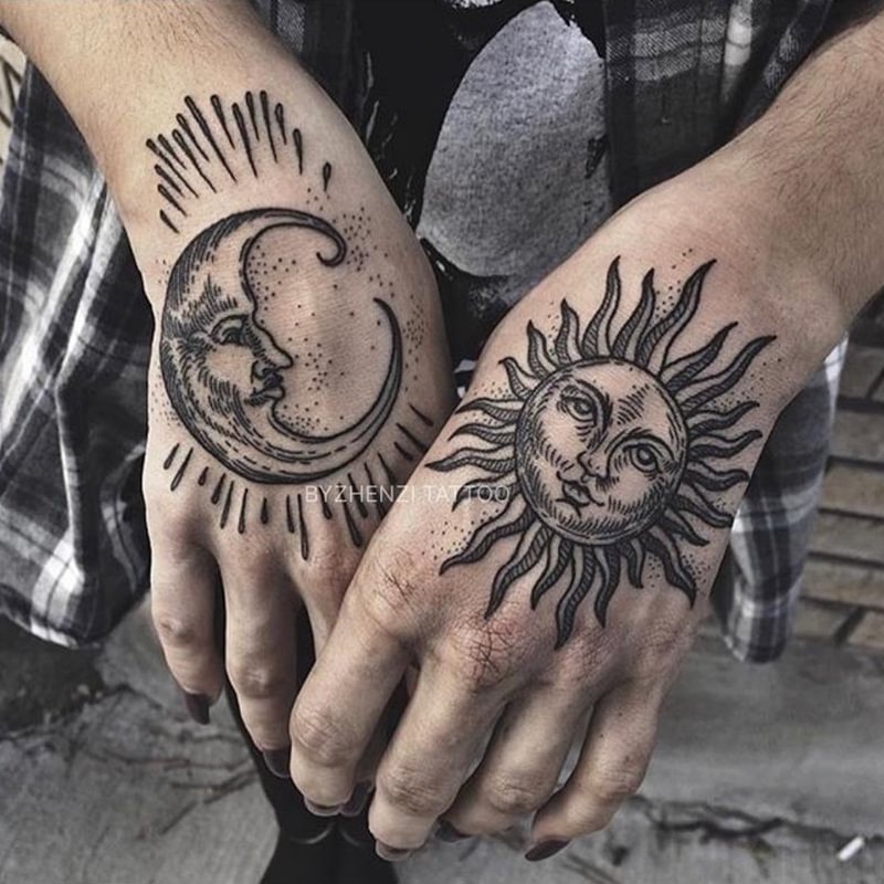 Gingf Dark Sun Moon Tattoo Stickers Waterproof Temporary Tattoo Men and Women Long Lasting Hand Back Fake Tattoo Arm Body Stickers