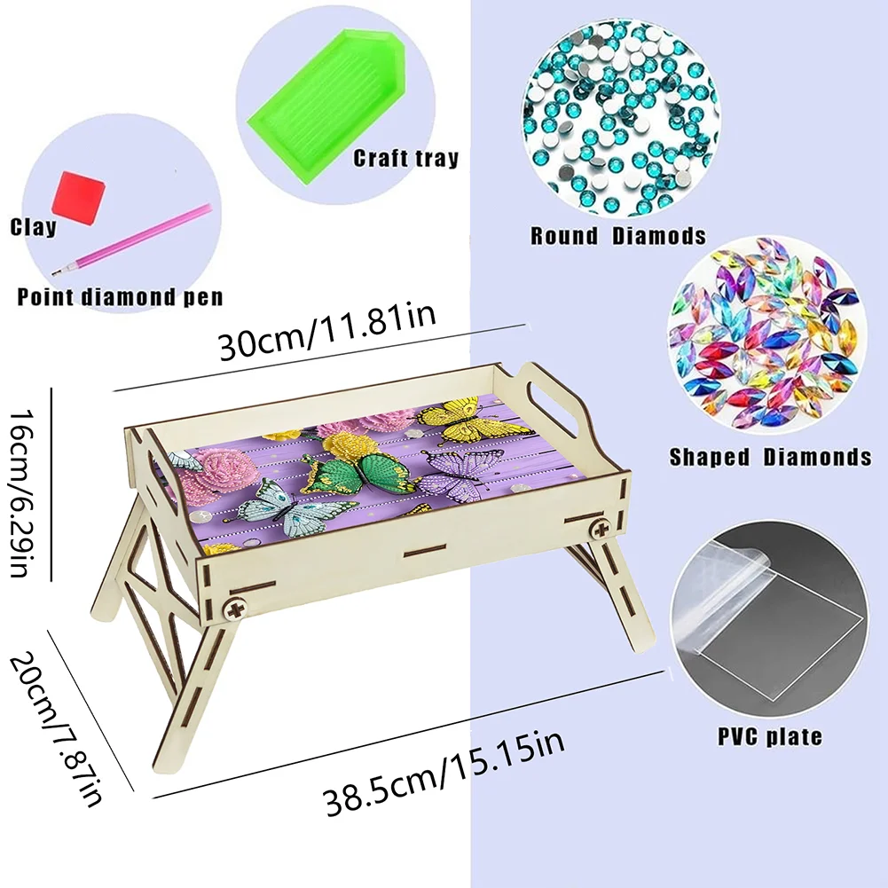 DIY Diamond Painted Dining Plate with Handle Wooden Food Tray Home Decor Gift