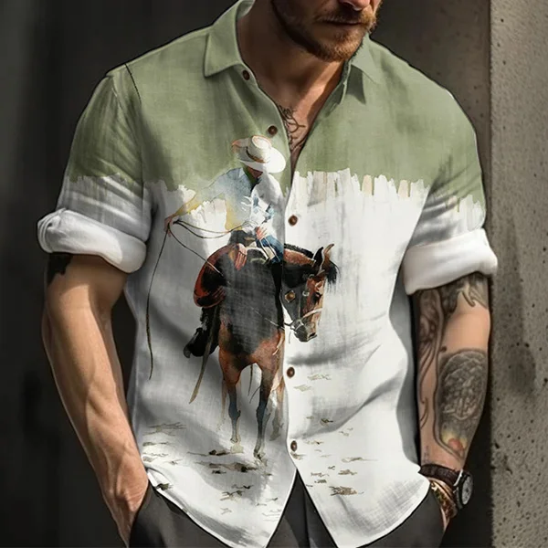 BrosWear Vintage Green Cow Boy Print Shirt