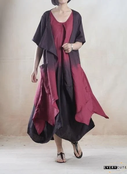 Burgundy gradient Asymmetric linen sundress plus size long maxi dress Two pieces