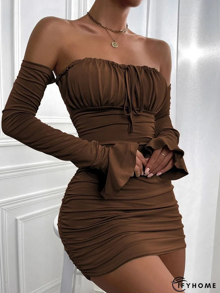 Summer Mini Dresses Women Elegant Off Shoulder Backless Pleated Dress Female Flare Sleeve Lace Up Bodycon Party Club Dress | IFYHOME