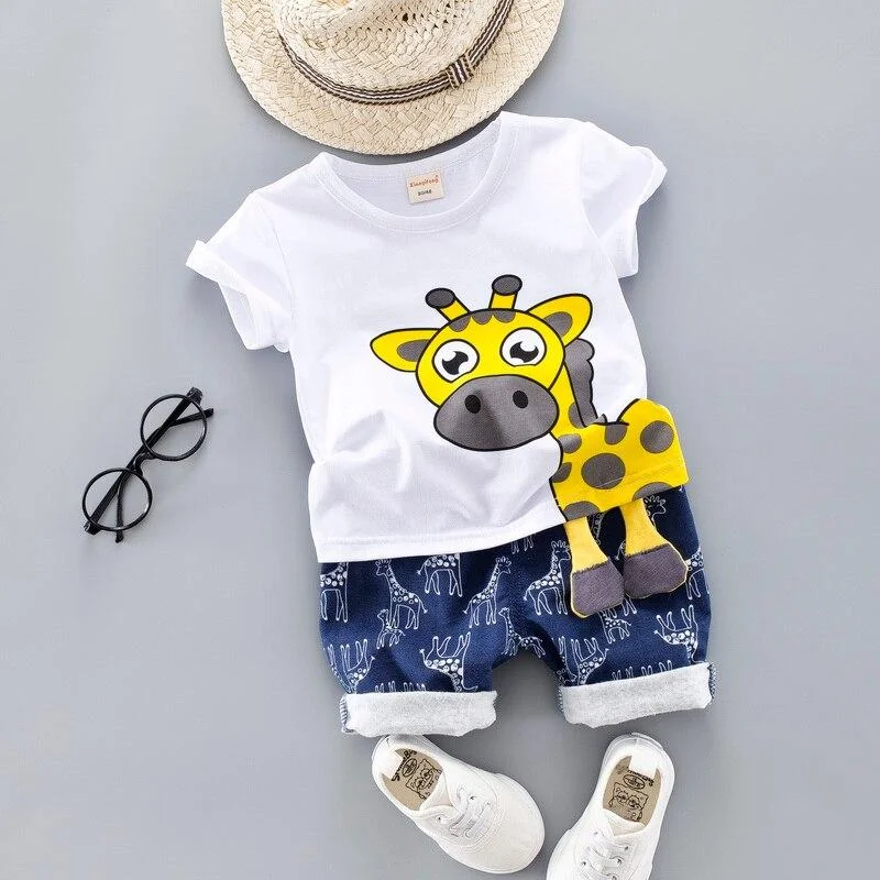 Baby Clothing Set for Boys Girls Cute Summer Casual Clothes Set Giraffe Top Blue Shorts Suits Kids Clothes 1-4 Years