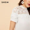 SHEIN White Lace Insert Flower Applique Keyhole Back Solid Top Blouse Women Office Lady Short Sleeve Summer Elegant Blouses