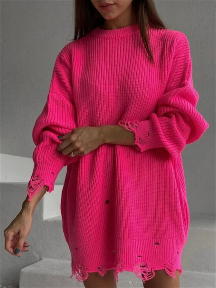 Temperament Commuting Long Sleeve Round Neck Thick Needle Hem Irregular Knitting Sweater Dress-Hoverseek