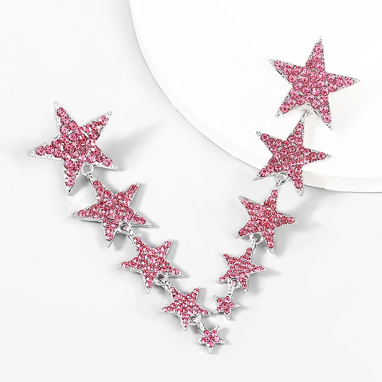 Layered Star Shaped Rhinestone Earrings-Rose Red