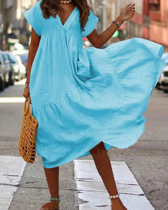 Women's Sheath Dress Midi Dress - Short Sleeve Solid Colored Spring & Summer V Neck Hot Elegant Slim Blue Yellow Blushing Pink Fuchsia Navy Blue S M L XL XXL 3XL 4XL 5XL