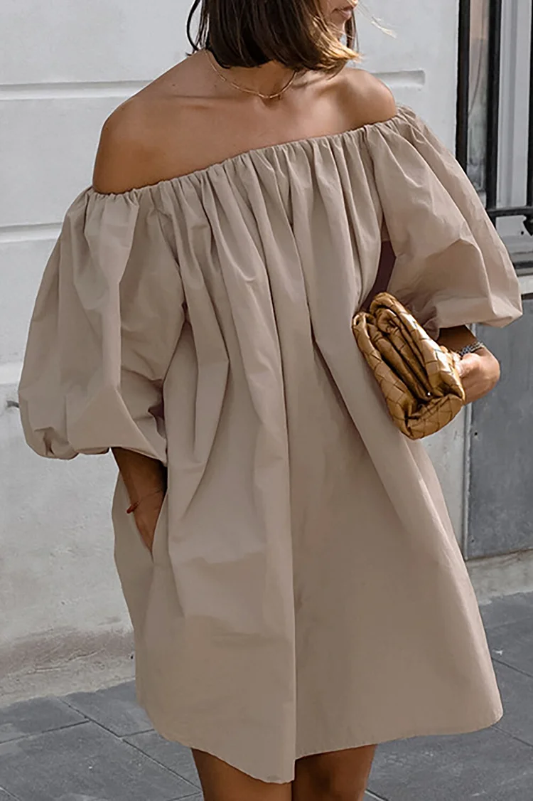 Off Shoulder Boat Neck Puff Sleeve Loose Fit Plain Mini Dresses-Khaki