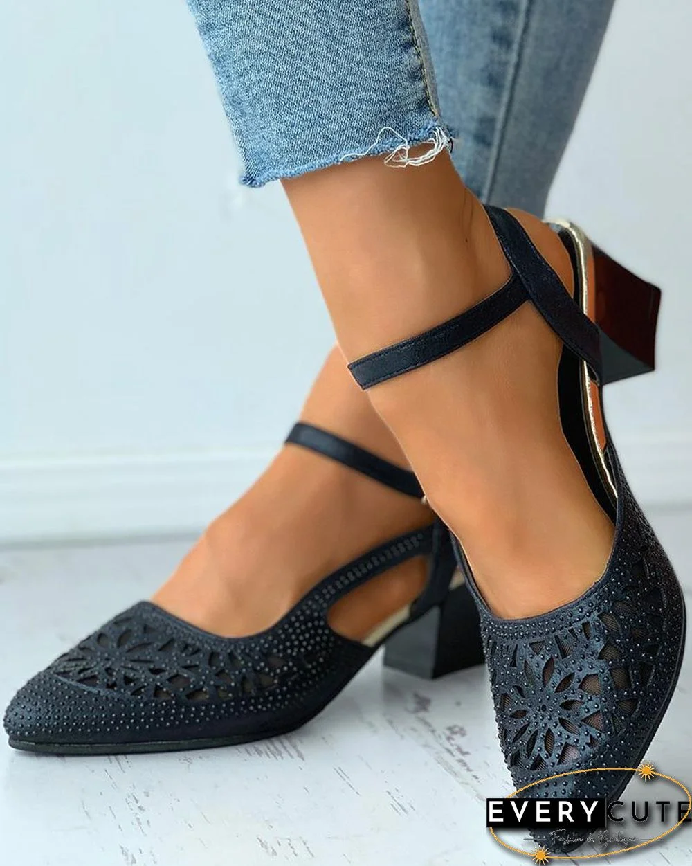 Pointed Toe Studded Cutout Chunky Heels