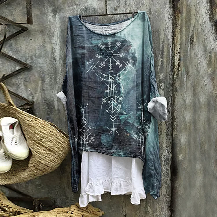 Wearshes Viking Dragon Totem Print Crew Neck Linen Blouse