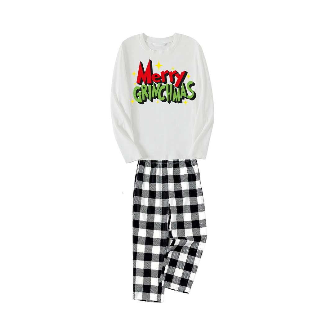 Christmas Merry Grinchmas Letter Printed White Long Sleeve Top with Black & White Plaid Pants Family Matching Pajamas