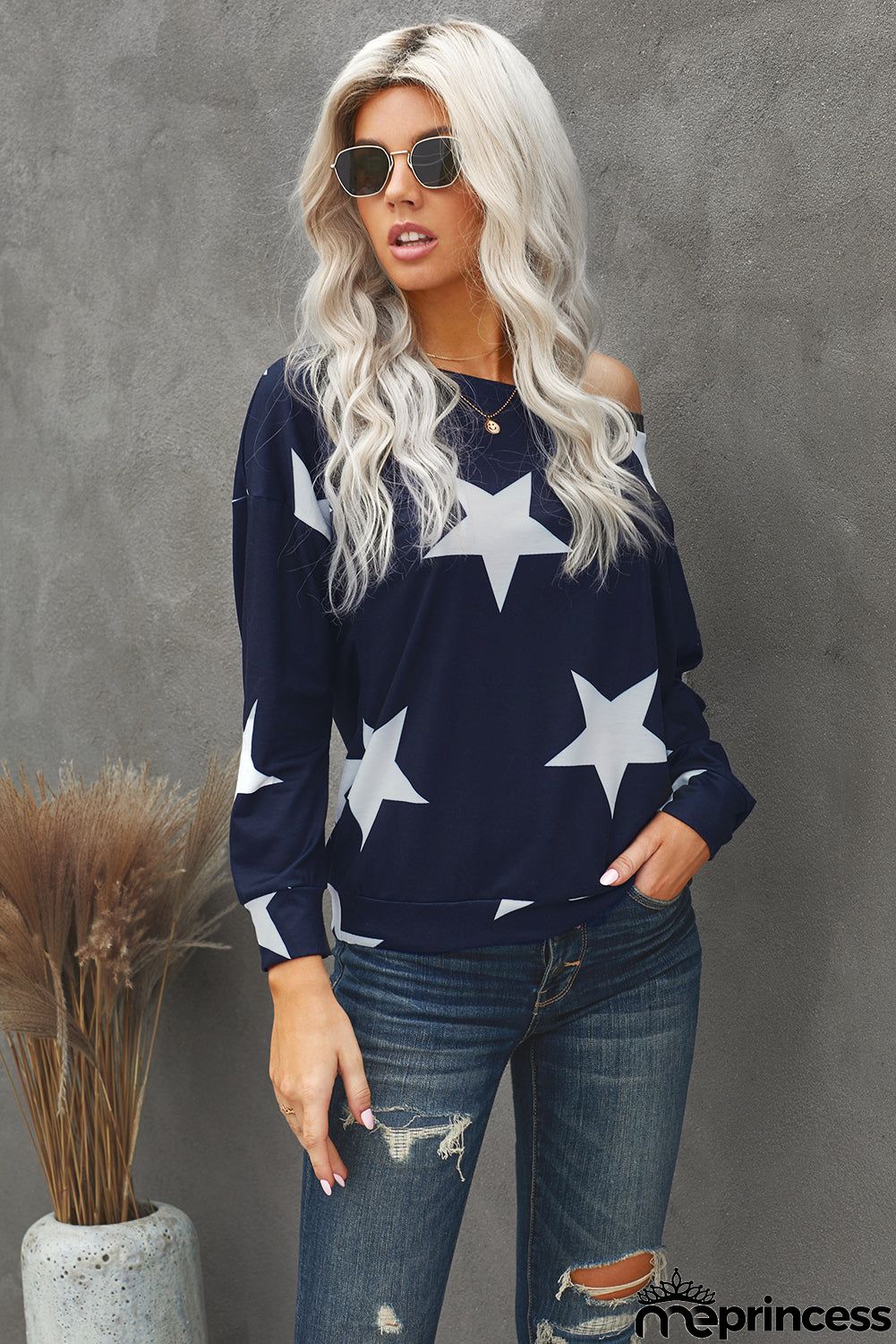 Fashion Five-pointed Star Print Round Neck Black Sweatshirt