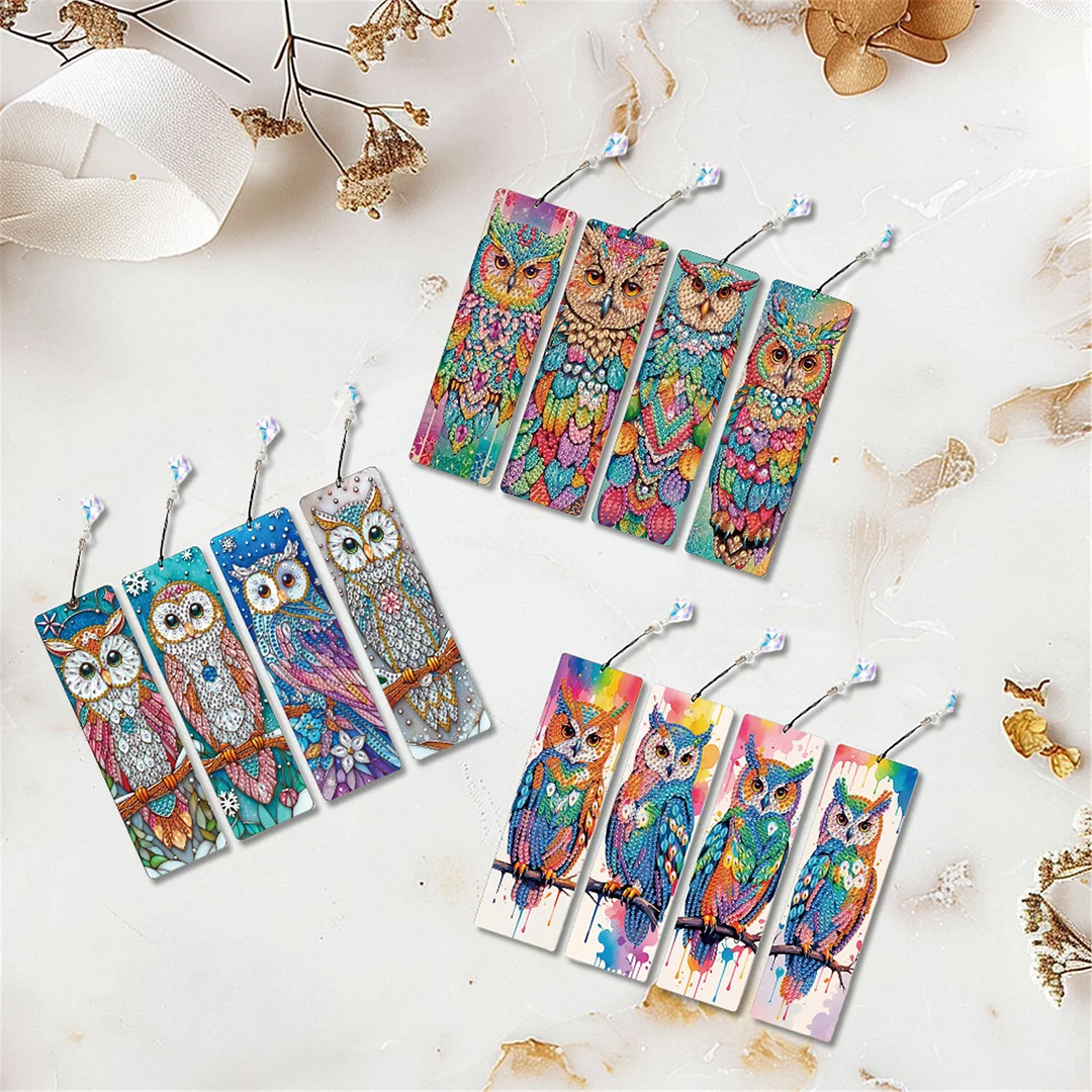 12Pcs Owl DIY Diamond Painting Bookmark with Crystal Pendant for Book Decor