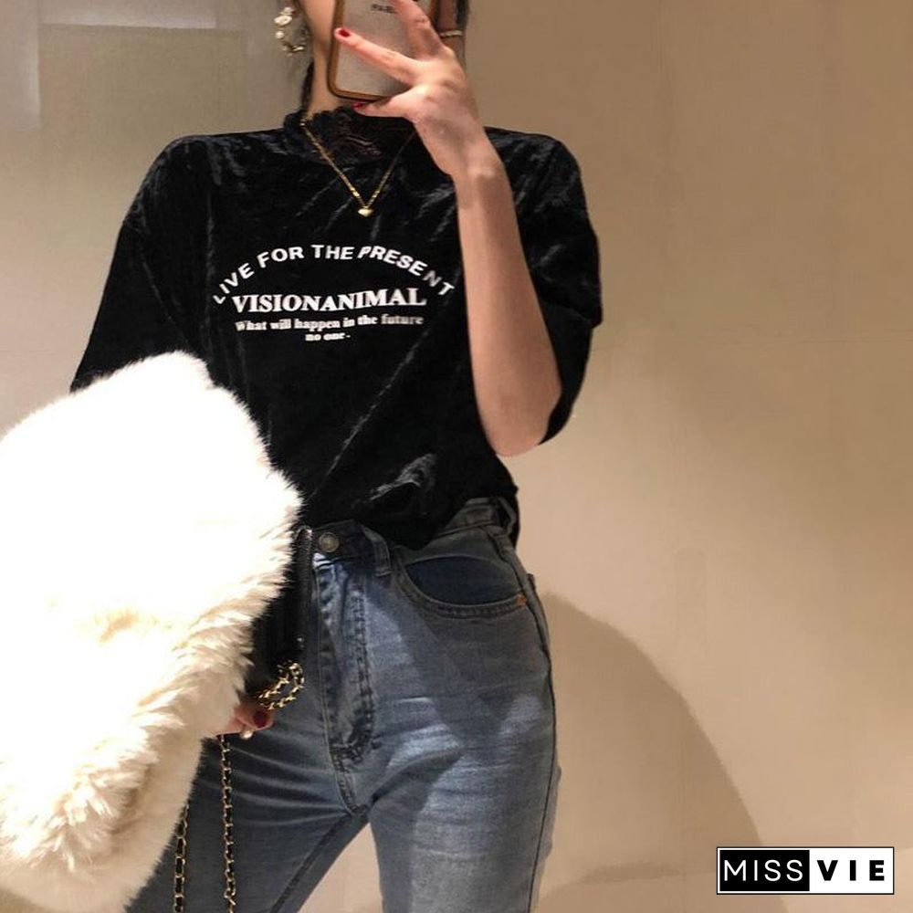 Round Neck Letter Printed Velvet Top