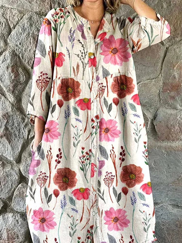 Womens  Artistic  Floral Pattern Cotton Shirt Dress