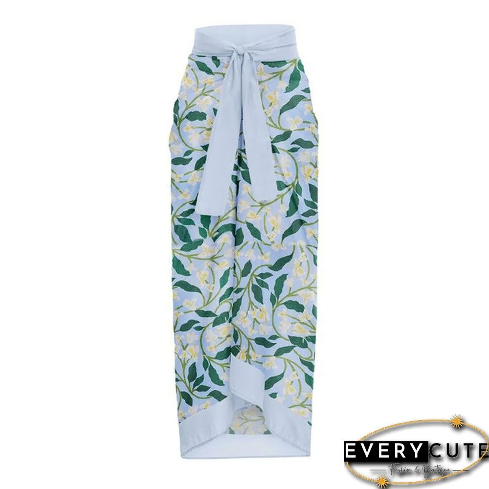 Green Leaves Print Chiffon Maxi Skirt