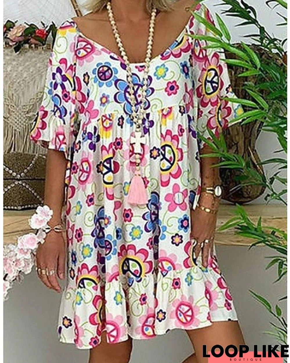 Women's Tunic Knee Length Dress - Short Sleeve Floral Print Summer Basic Hot White Blue Red Light Blue