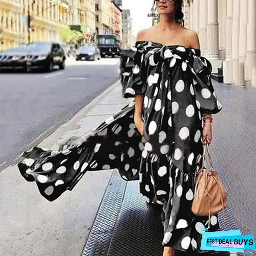 Bohemian Dress Off-The-Shoulder Polka Dot Dress Women's Casual Dress