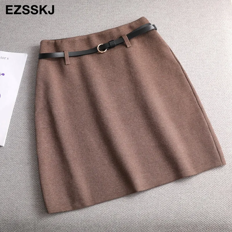 spring Autumn retro A-line PENCIL mini skirt female fashion high waist  slim skirt  solid color badycon knitted short skirt