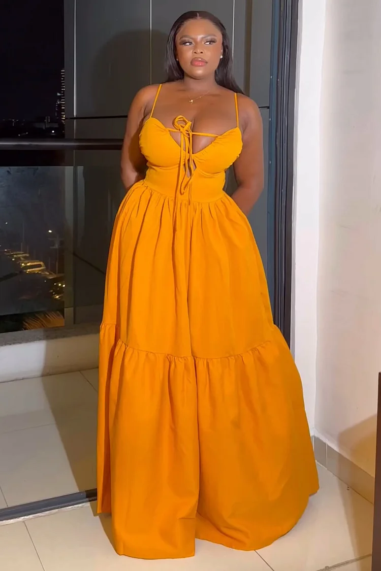 Tied Up V Neck Gathered Hem Vacation Slip Maxi Dresses-Orange
