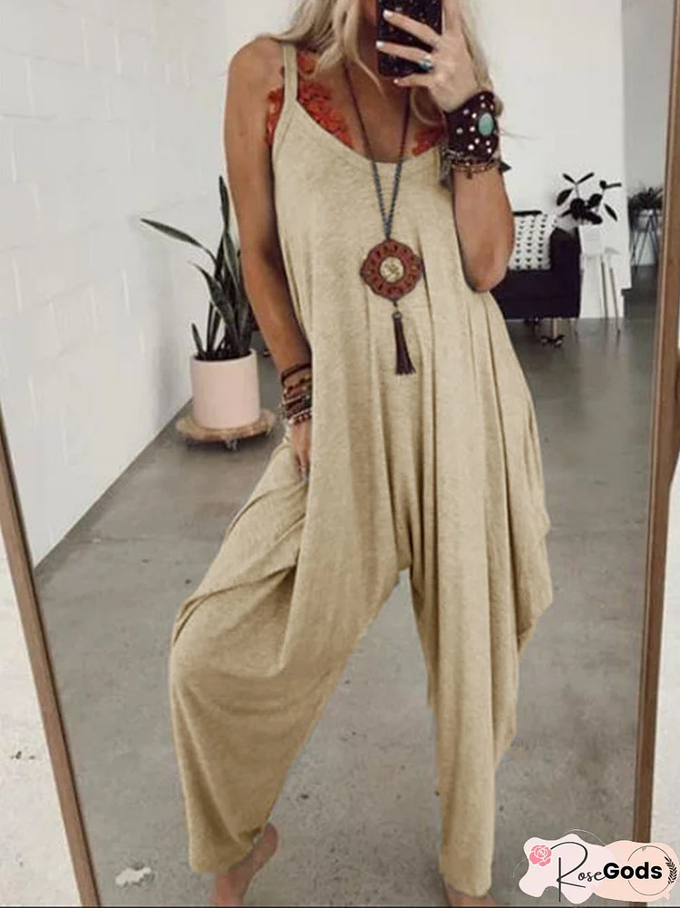 Gray Sleeveless Solid Round Neck Casual Jumpsuits