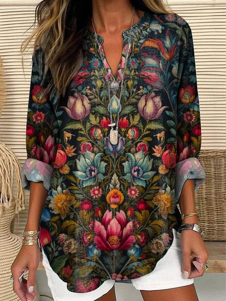 Vintage Symmetrical Floral Pattern Printed Women's Casual Linen V-Neck Shirt